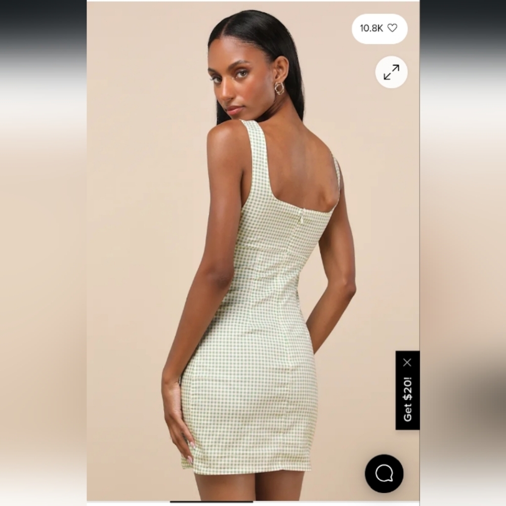 NWT Lulus Happy Chance Sage Green Gingham Square Neck Mini Dress-Sz M - Picture 2 of 13